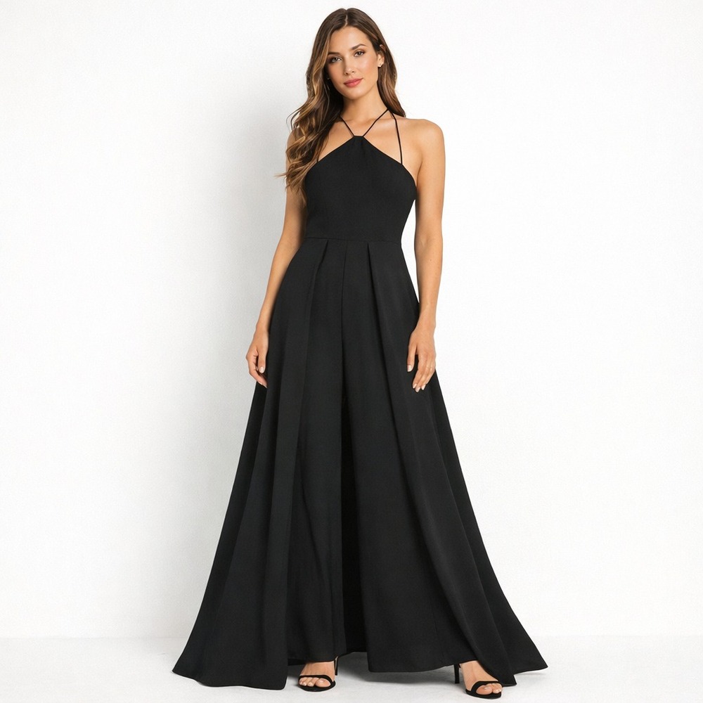 Julia Jordan Black Halter Neck Wide Leg Jumpsuit with Overlay Skirt Sz 16‎ Event